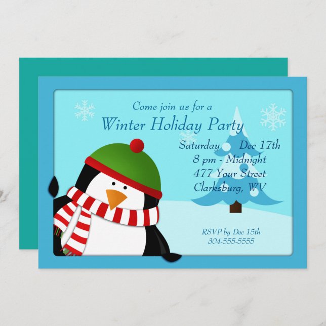 Convites Partido Penguin Winter Holiday (Frente/Verso)