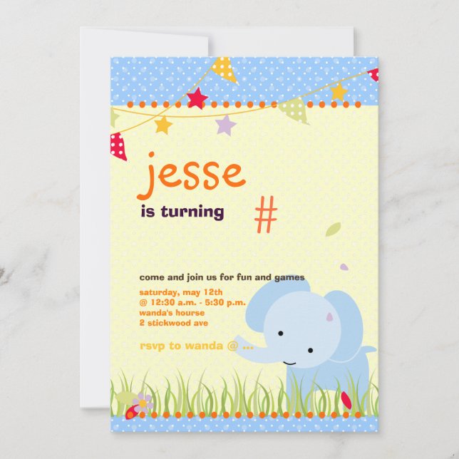 Convites Partido Personalizado do Elefante Azul Bebê (Frente)