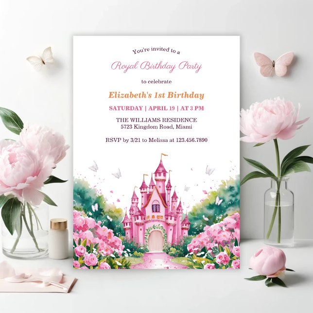Convites Partido primeiro aniversario da Princesa Real Rosa (Pink Royal Princess Castle 1st Birthday Party Invitation)