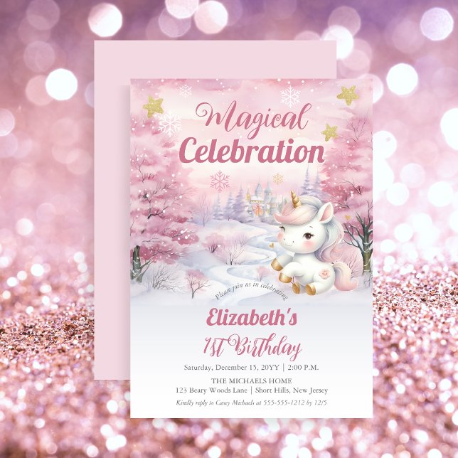 Convites Partido primeiro aniversario de Celebração Mágica  (Unicorn Pink Magical Celebration Mythical Creature Girl's 1st Birthday Party Invitation)