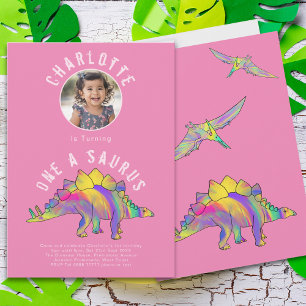 Convites Partido primeiro aniversario Dinossauro Rosa