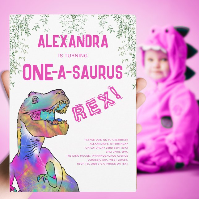 Convites Partido primeiro aniversario Dinossauro Rosa A-Sur (One-a-saurus Rex girls dinosaur 1st birthday party pink invitation )