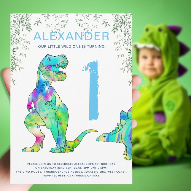 Convites Partido primeiro aniversario do Dinossauro selvage (Dinosaur wild one boys blue color theme 1st birthday party invitation colorful T-Rex & stegosaurus )
