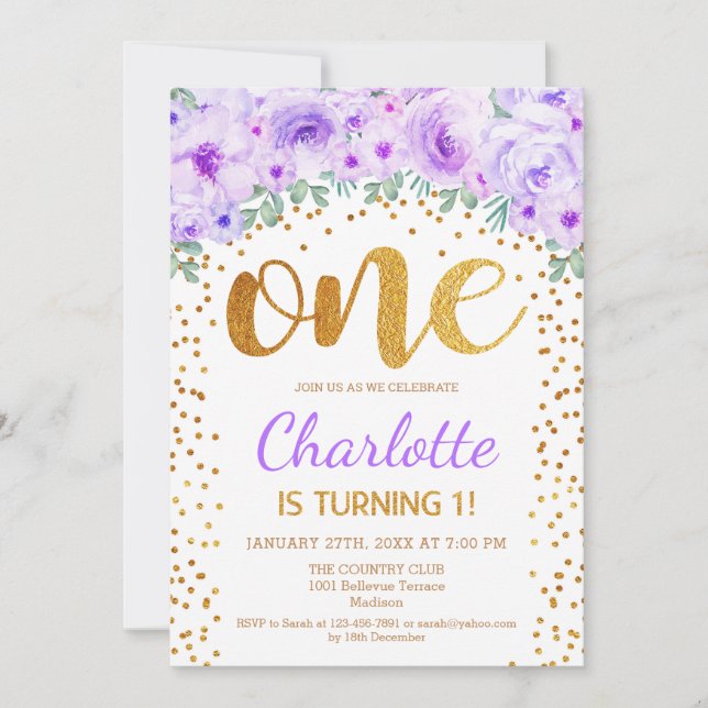 Convites Partido primeiro aniversario - Dourado Roxo Branco (Frente)