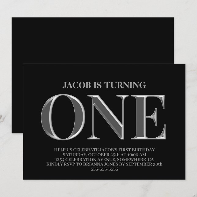 Convites Partido primeiro aniversario Negro e Prata Minimal (Frente/Verso)
