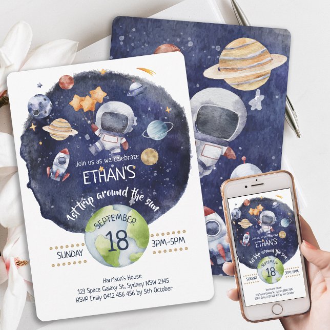 Convites Partido primeiro aniversario Personalizar Galáxia  (Astronaut Galaxy Personalize 1st Birthday Party Invitation)