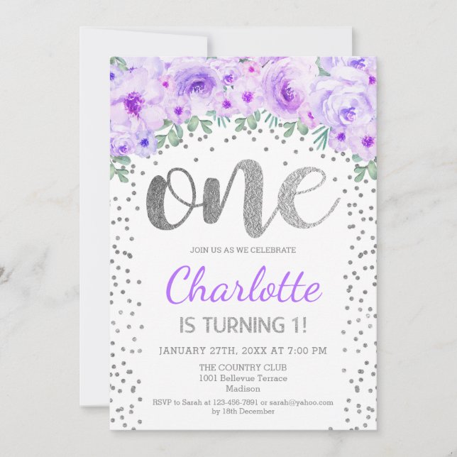 Convites Partido primeiro aniversario - Prata Branca Roxo (Frente)