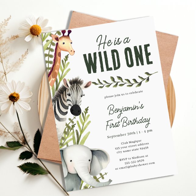 Convites Partido primeiro aniversario Selvagem Safari Green (Wild One Jungle Safari Greenery 1st Birthday Party Invitation)