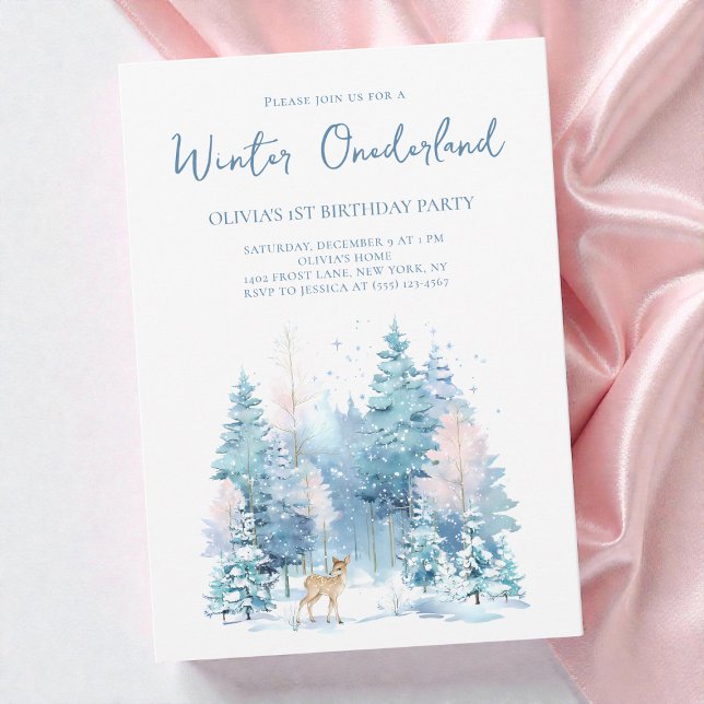 Convites Partido primeiro aniversario Woodland Deer Winter  (Woodland Deer Winter Wonderland 1st Birthday Party Invitation)