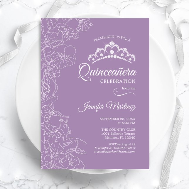 Convites Partido Purple Floral Quinceanera (Criador carregado)