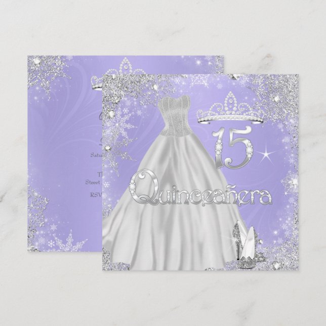 Convites Partido Quinceanera 15 Lilac Silver Snowflakes (Frente/Verso)