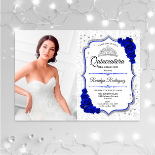 Convites Partido Quinceanera Com Foto - Azul Real Prateado
