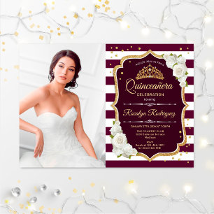 Convites Partido Quinceanera Com Foto - Branca Burgundy Dou