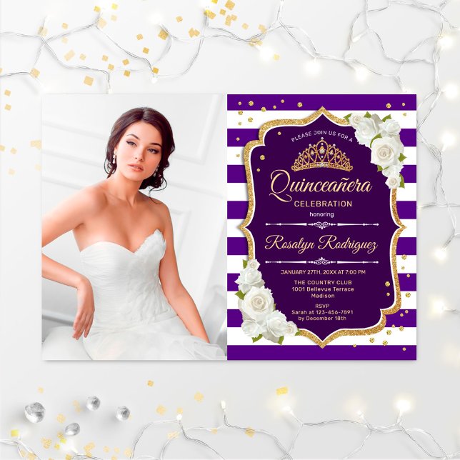 Convites Partido Quinceanera Com Foto - Branco Dourado Roxo (Criador carregado)