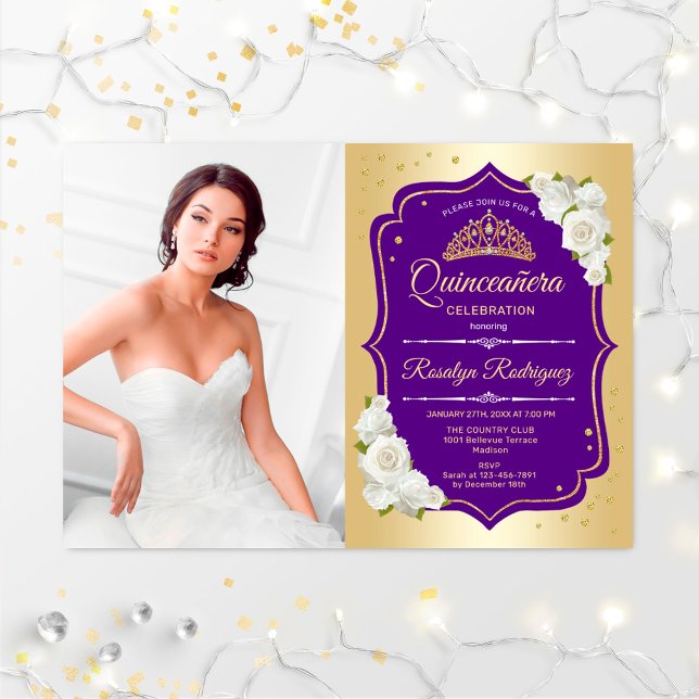 Convites Partido Quinceanera Com Foto - Dourado Roxo (Criador carregado)