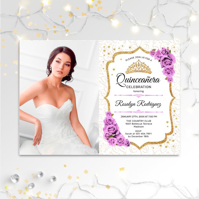 Convites Partido Quinceanera Com Foto - Dourado Roxo Branco (Criador carregado)