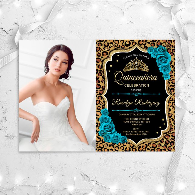 Convites Partido Quinceanera Com Foto - Leopard Print Teal (Criador carregado)