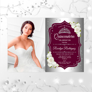 Convites Partido Quinceanera Com Foto - Prata Borgonha