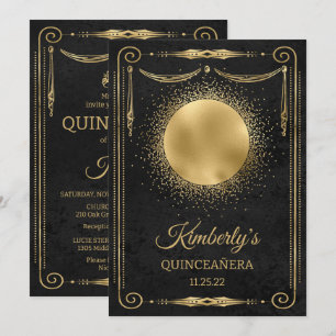 Convites Partido Quinceanera com Foto - Preto e Dourado