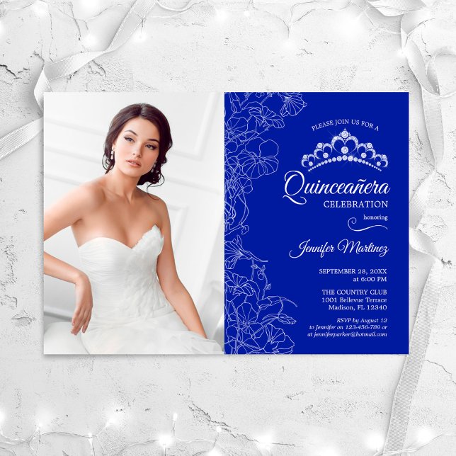Convites Partido Quinceanera Com Foto - Royal Blue Floral (Criador carregado)
