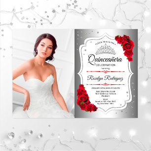 Convites Partido Quinceanera Com Foto - Vermelho Branco Pra