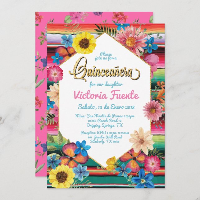Convites Partido Quinceanera Dourado Glitter Floral (Frente/Verso)
