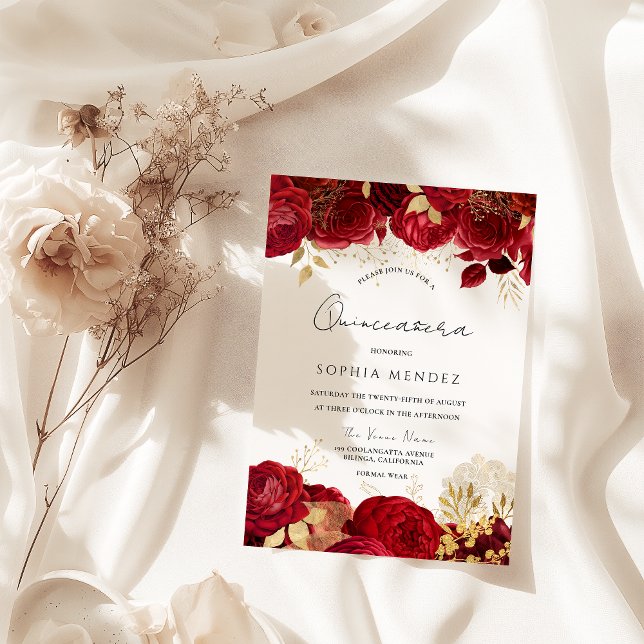 Convites Partido Quinceanera, folha Dourada da rosa vermelh (Criador carregado)