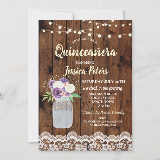 Convites Partido Quinceanera Madeira Lace Floral Jar Invite (Frente)
