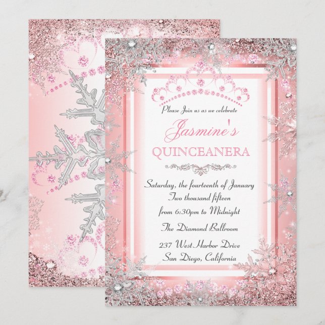 Convites Partido Quinceanera, Pink Silver Winter Wonderland (Frente/Verso)