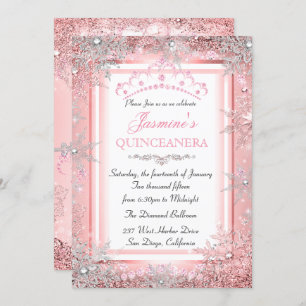 Convites Partido Quinceanera, Pink Silver Winter Wonderland