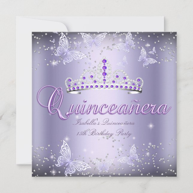 Convites Partido Quinceanera Purple Tiara Butterfly 2 (Frente)