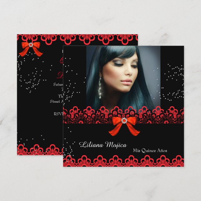 Convites Partido Quinceanera Red Lace Jewel Arco 2 (Frente/Verso)