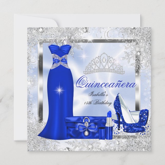 Convites Partido Quinceanera Royal Blue Silver Flocos de Ne (Frente)