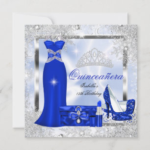 Convites Partido Quinceanera Royal Blue Silver Flocos de Ne