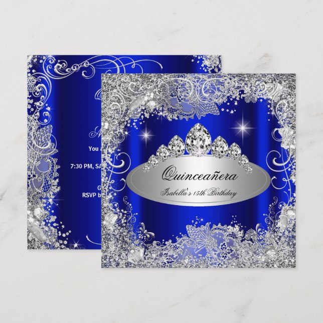 Convites Partido Quinceanera Royal Blue Silver Tiara (Frente/Verso)