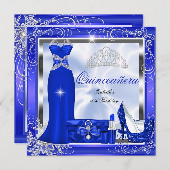 Convites Partido Quinceanera Royal Blue Silver Vestidos S5 (Frente/Verso)