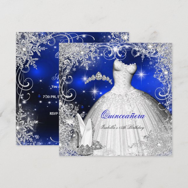 Convites Partido Quinceanera Royal Blue Winter Wonderland (Frente/Verso)