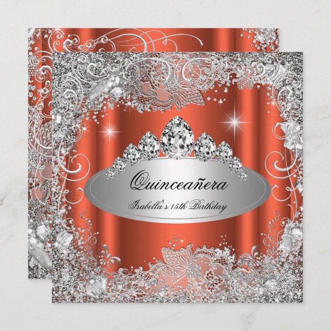 Convites Partido Quinceanera Rusty Orange Silver Tiara (Frente/Verso)