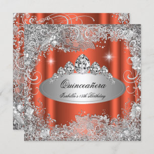 Convites Partido Quinceanera Rusty Orange Silver Tiara