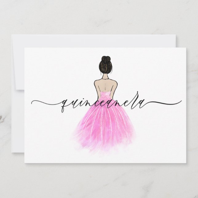 Convites Partido Quinceanera, Script de Vestido Rosa Blush (Frente)