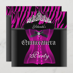 Convites Partido Quinceanera Zebra Rosa Negra Tiara Corset