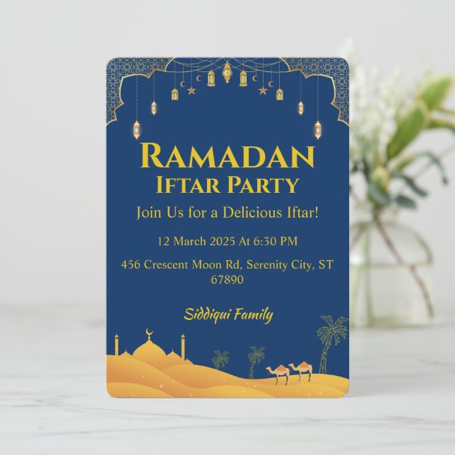 Convites Partido Real Azul Dourado Ramadã Iftar (Em pé/Frente)