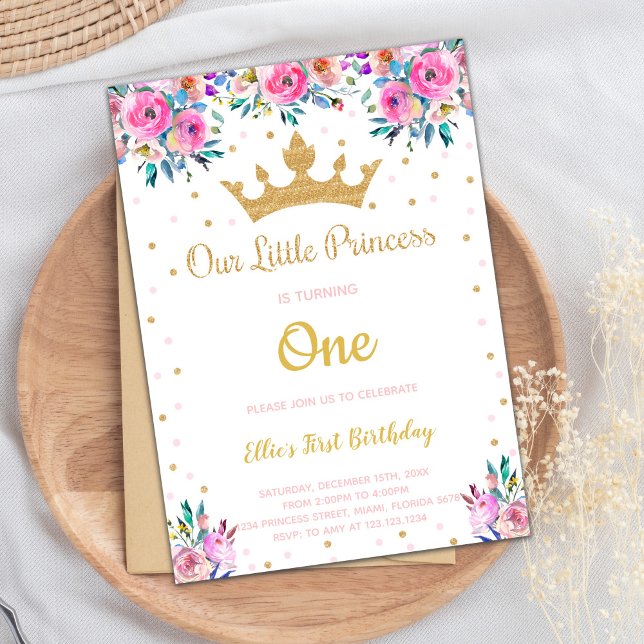 Convites Partido Real Editável para Raparigas (Floral Crown Glitter Princess Birthday Invitations)