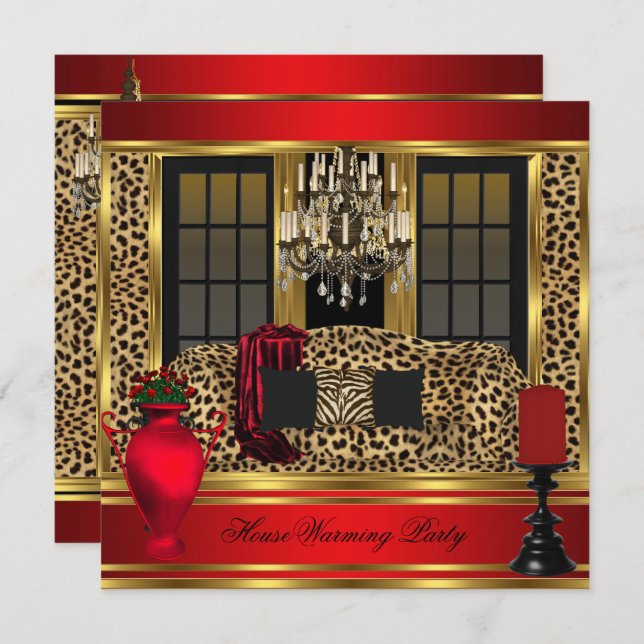 Convites Partido Red Housearming Chandelier Leopard Dourado (Frente/Verso)