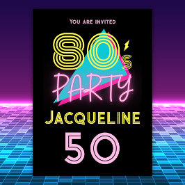 Convites Partido Retro 80s Neon Pink 50th Birthday