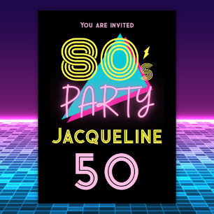 Convites Partido Retro 80s Neon Pink 50th Birthday