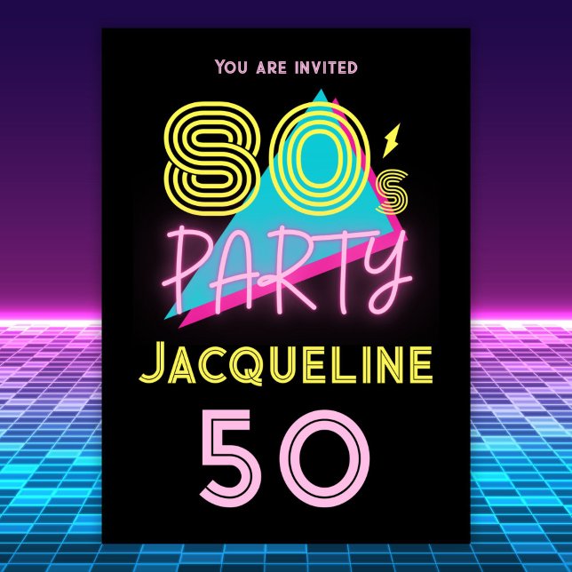 Convites Partido Retro 80s Neon Pink 50th Birthday (Criador carregado)