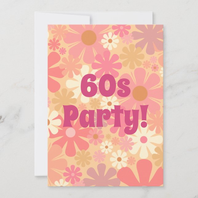 Convites Partido Retro Floral Rosa bonito 60s (Frente)