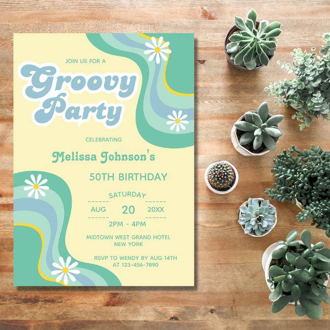 Convites Partido Retro Groovy Daisies Yellow Birthday (Criador carregado)