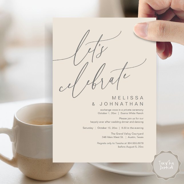 Convites Partido Romântico do Elopemento de Casamento de Ce (Let's Celebrate, Romantic Charm Wedding Elopement Dinner Party Brunch Invites Card PDF Grey Cream)